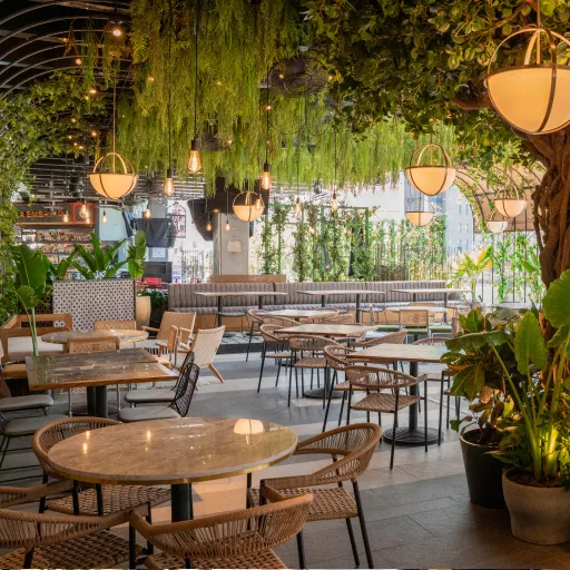 restaurant environment with a tree and plants restaurant environment with a tree and plants